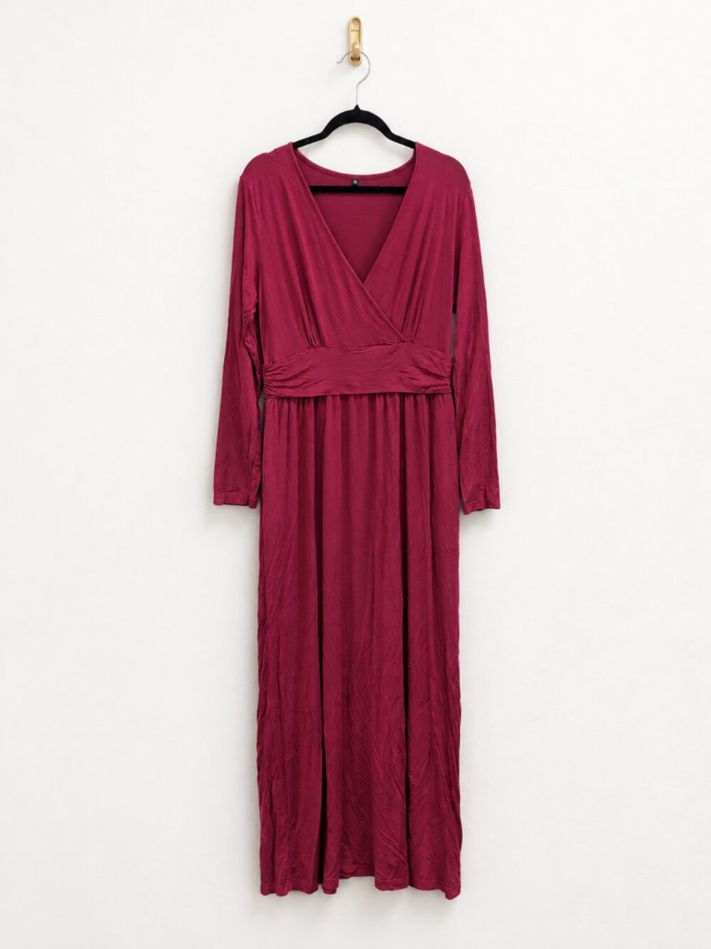 Dark Red Wrap V-Neck Long-Sleeve Pocket Equipped Maxi Dress